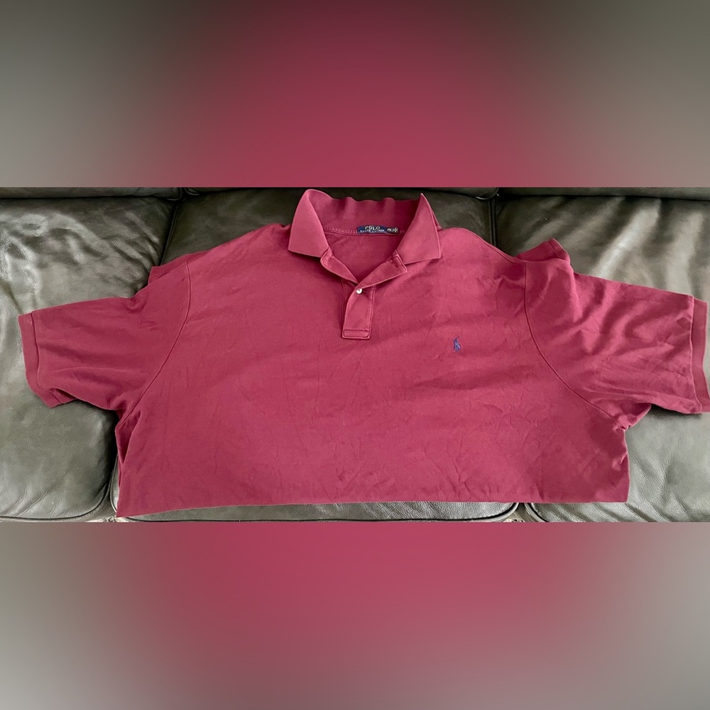 New, Burgundy in color, Ralph Lauren shirt sleeve polo shirt. Size 3xlt.